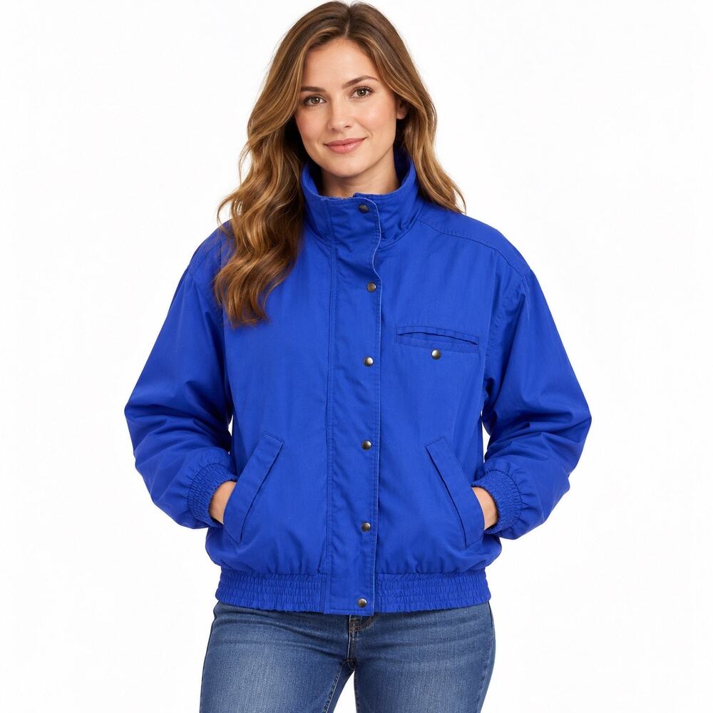 Vintage IZOD Club Windbreaker Jacket Womens M Blue Funnel Neck Plaid 80s